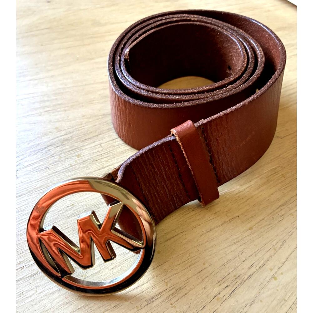 Michael Kors Brown Red Rust Leather Belt MK GOLD Logo Buckle Bling Women’s L/XL
